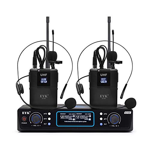 EYK Audio E100 UHF - Juego de micrófonos inalámbricos (2 canales, apto para iglesia/cumpleaños/bodas/fiesta familiar/aulas/pequeña noche de karaoke