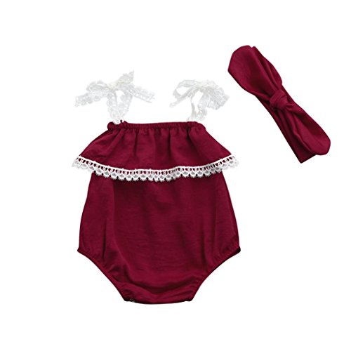 Fossen Verano Ropa Bebe Niña Bebé Floral Encaje Monos (3-6 Meses, Rojo)