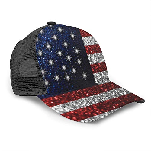 Gorra de béisbol Unisex Bandera Estadounidense en Purpurina Gorras Ajustables Impresas en 3D Sombreros de ala Snapback de Hip Hop Negro