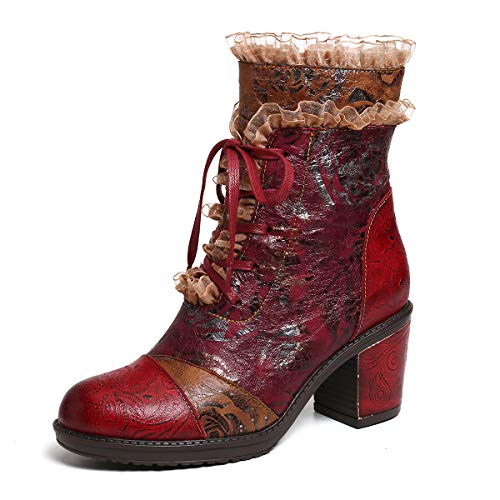 gracosy Botines Mujer Chelsea Botas Cuero Bajo Bloque Tacón Botas Invierno Retro Bohemio Nieve Botas Antideslizante Empalme Estilo Cremallera