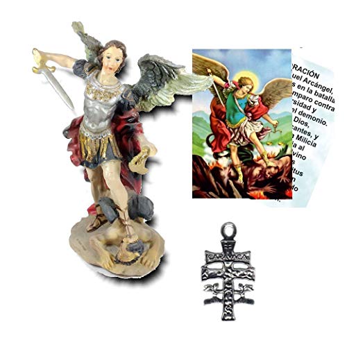 Heraldys.- Figura San Miguel Arcangel en Resina epoxi Pintada a Mano 12 cms. + Estampa + Medalla. También de Regalo estampas de San Expedito, San Pancracio y San Judas Tadeo.