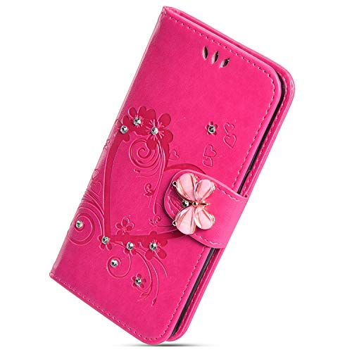 Herbests Compatible con Samsung Galaxy A70 Funda Tapa Cuero Libro Flip Cárcasa Shiny Glitter Bling Diamond Love Heart Mariposa Dibujos Carcasa Cierre Magnético/Soporte Plegable,Rose Roja