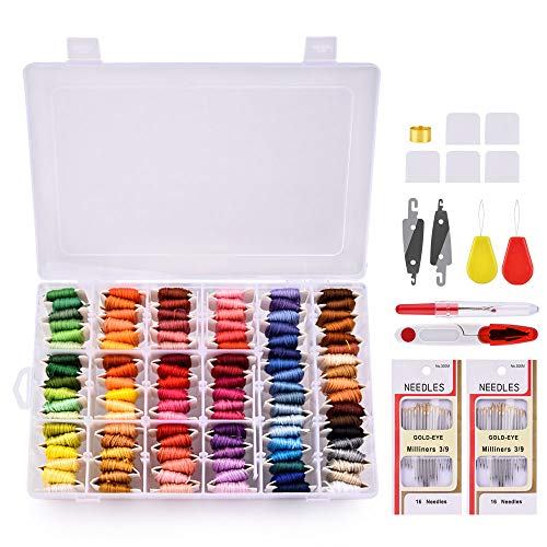 Hilo de bordado, MS.DEAR Kit de inicio de bordado con Organizador Caja de almacenamiento, 108 Colores Hilo de algodón, Hilo de bordado de hilo y Kit de herramienta de punto de cruz- 148 piezas