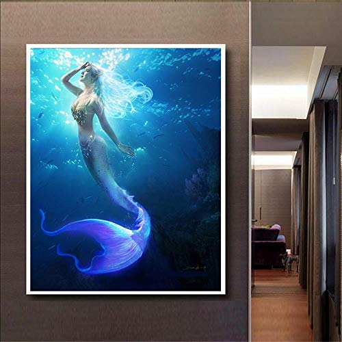 Hncsy Diamond Painting Imagen Grande Artesanía Bordado De Diamantes De Imitación DIY 5D Punto De Cruz Taladro Completo Decoración De La Pared Sirena, 50X64Cm