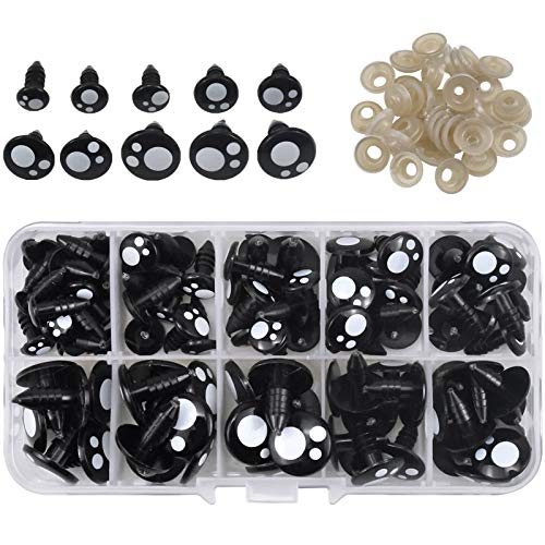 HQdeal 150 Piezas Ojos de Seguridad con Arandelas, 8mm / 10mm / 12mm / 14mm / 16mm Ojos de Plástico,Negro Ojos de Seguridad, Accesorios de Juguete para Hacer Muñecas, Juguetes de Peluche