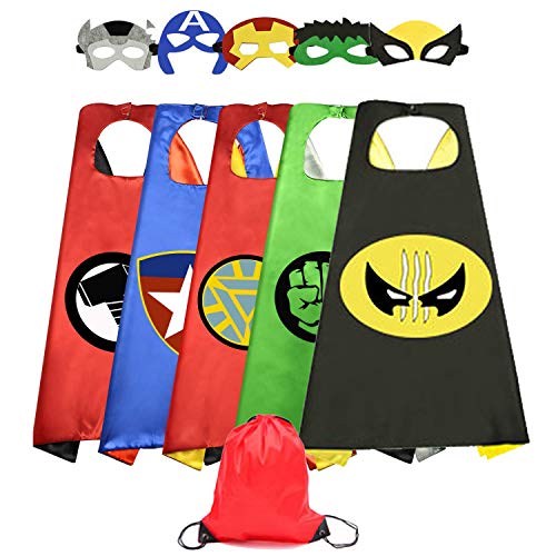 HUIHAI Capas de Superhéroe para Niños,5 Capa y 5 Máscaras y,de Fiesta de Cumpleaños de Navidad Víspera de Todos los Santos Los Mejores Regalos,Ideas Kit de Valor de Cosplay de Diseño