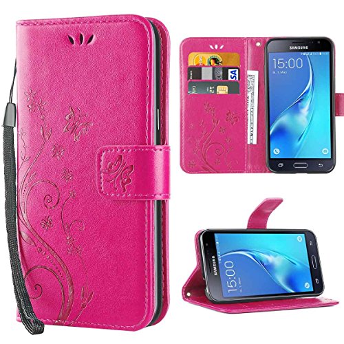 iDoer Galaxy J3 Retro Flor PU Cuero Wallet Cartera Silicona Card Slot Case Con Correa de Muñeca con Función de Soporte Magnética Cierre Carcasa Tapa Para Samsung Galaxy J3 2016/2015 Rosa