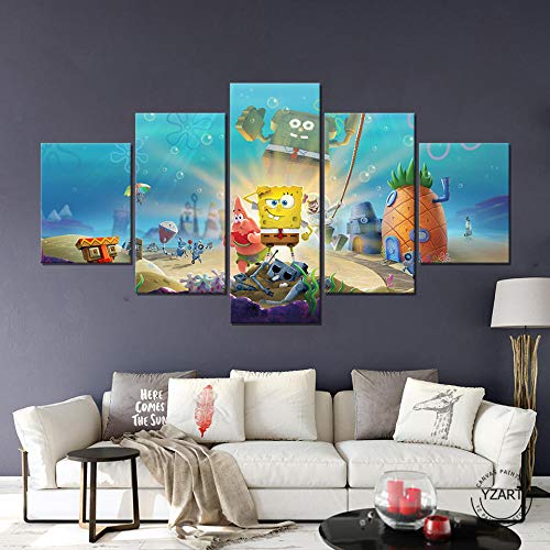 IILSZMT HD Cuadro En Lienzo 5 Partes Mpresiones sobre Lienzo Bob Esponja Batalla por Bikini Fondo De Dibujos Animados Anime Modernos Pared Decorativo