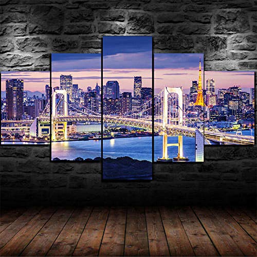 IMXBTQA Cuadros Decor Salon Modernos 5 Piezas Lienzo Grandes XXL Murales Pared Hogar Pasillo Decor Arte Pared Abstracto Tokio Bay Japan Bridge Noche HD Impresión Foto 150X80Cm Regalo