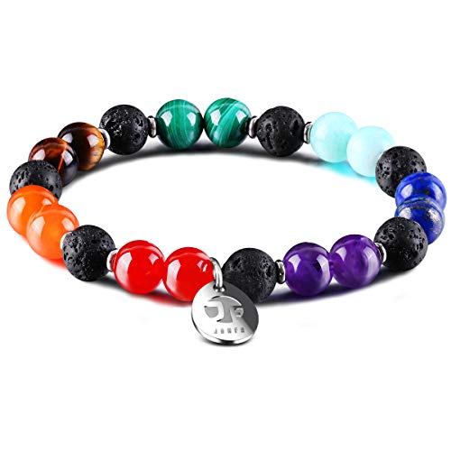 JOXFA Genuino Natural 7 Chakra Piedra Preciosa Hombres Mujeres 8mm Lava Rock Aromaterapia Aceite Esencial Difusor Pulsera Elástico Piedra Natural Cuentas de Yoga Pulsera Brazalete (Lava Chakra C)