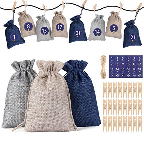 JOYUE Calendario de Adviento para Llenar, Bolsas de Regalo Navidad con 1-24 Adviento Pegatinas, DIY Saquitos de Navidad, Bolsas de Yute, Bolsas de Calendario de Cuenta Regresiva de Navidad 2020