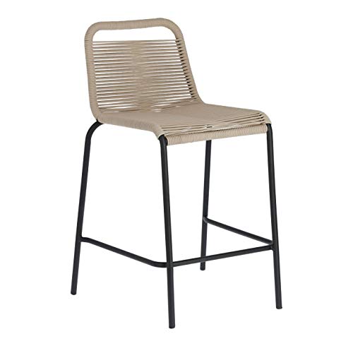 Kave Home - Taburete Alto de Bar Lambton Beige 62 cm con Respaldo de Cuerda de poliéster y Patas de Acero en Negro para Interior y Exterior