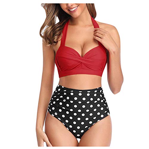 KEERADS - Bikini sexy de dos piezas para mujer con sujeción en el cuello, diseño moderno, color negro rojo XL