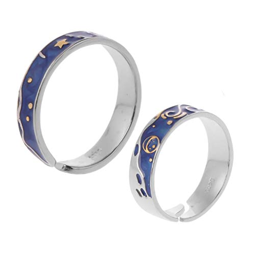 KERDEJAR 2 uds S925 Plateado Van Gogh Azul Cielo Estrellado Anillos Abiertos para Amantes Banda Love Forever Anillo Conjunto joyería romántica