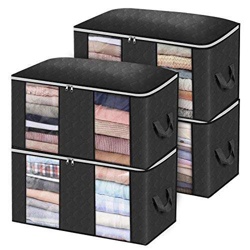 king do way Bolsa de Almacenamiento de Ropa de Gran Capacidad con Asa Reforzada y Compartimiento, Organizador Plegable y Transpirable para el Armario con Ventana Clara 60x43x35cm (Negro, 4PCS)