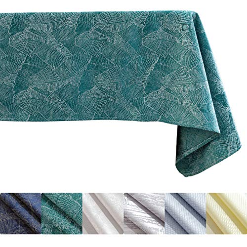 KINLO Mantel de 140 x 260 cm, color verde, efecto loto, impermeable, estampado de hojas, protección contra manchas, fácil de limpiar, lavable, repele la suciedad