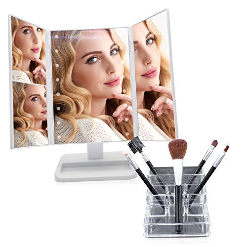 Kit Espejo de Maquillaje con Luz - Tríptico con Aumento - LED Ajustable por Sensor Táctil - Base con Rotación 180° - Regalo Original - Incluye Organizador y 5 Pinceles de Maquillaje (Blanco)