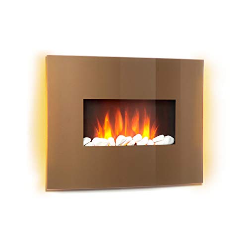 Klarstein Curved Copper L&F - Chimenea eléctrica con función calefactora, Chimenea electrónica, 1000 o 2000 W, Efecto llameante, Panel de Vidrio Curvo, Programable, Mando a Distancia, Cobre