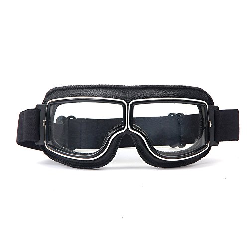 LEAGUE&CO Gafas de Moto Retro Vintage Gafas de Protección Gafas Piloto Gafas de Aviador, Gafas para Casco Harley Davidson Dyna Touring Trike Motocross Marco Negro, Lente Transparente