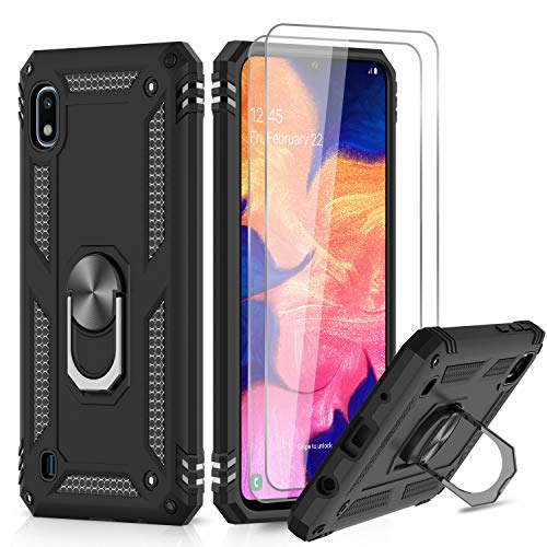 LeYi Funda Samsung Galaxy A10 con [2-Unidades] Cristal Vidrio Templado,Armor Carcasa con 360 Grados Anillo iman Soporte Hard PC y Silicona TPU Bumper Antigolpes Case para Movil A10,Negro