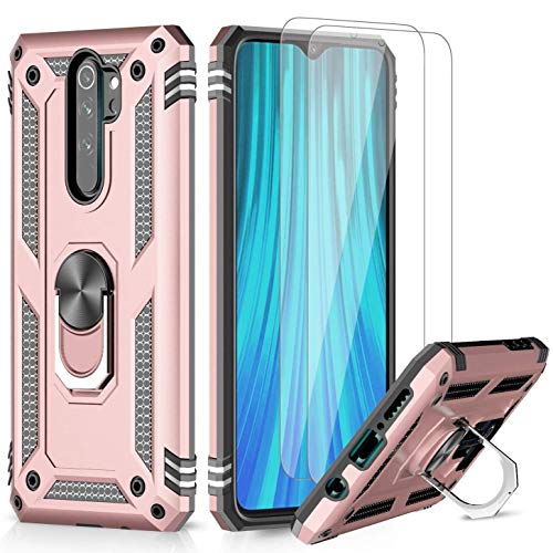 LeYi Funda Xiaomi Redmi Note 8 Pro con [2-Unidades] Cristal Vidrio Templado,Armor Carcasa con 360 Grados Anillo iman Soporte Silicona TPU Bumper Case para Movil Note 8 Pro,Oro Rosa