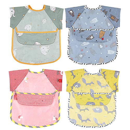 Lictin Baberos Bebes Impermeable- 4 PCS Baberos con Mangas Impermeable con Escote Ajustable para Bebes, Cómodo y Transpirable, para Bebes de 0-24 Meses