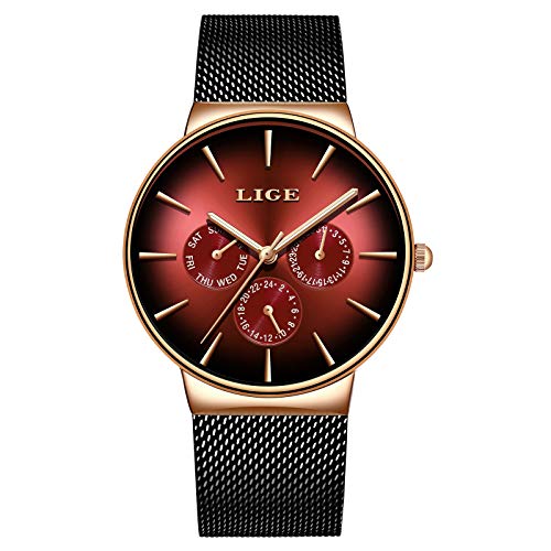 LIGE Relojes Hombre Moda Acero Inoxidable Impermeable Cuarzo analógico Deportiva Casual Negro Calendario Malla Relojes