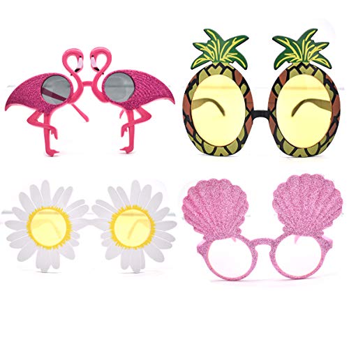 Liwein 4 Pares Gafas de Sol de Piña,Flamingo Conchas Daisy Flower Hawaianas Tropicales Partido Gafa Accesorios de Disfraz Foto Props para Niños Adultos Decorativas de Fiesta Temática de Verano