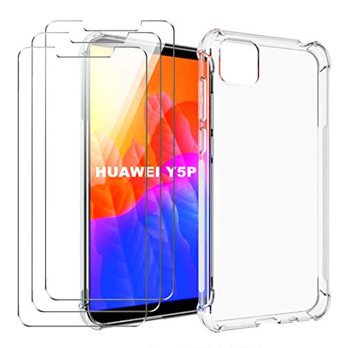 LJSM Funda para Huawei Y5p (5.45") + 3 Piezas Protector de Pantall - Carcasa Protectora Delgada y Transparente con Refuerzo en Las Esquinas Parachoques Fundas de TPU Flexible