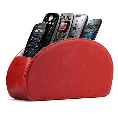 Londo OTTO140 - Soporte para Mando a Distancia con 5 Bolsillos, Espacio para DVD, BLU-Ray, TV, Roku o Apple TV, Mando a Distancia, Piel con Forro de Ante, Rojo