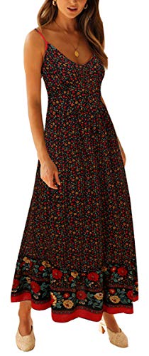 Longwu Vestido Maxi de Verano con Cuello en V Floral Sexy Boho de Las Mujeres Correa de Espagueti Ajustable sin Respaldo Cintura elástica Vestido de Verano Negro-M