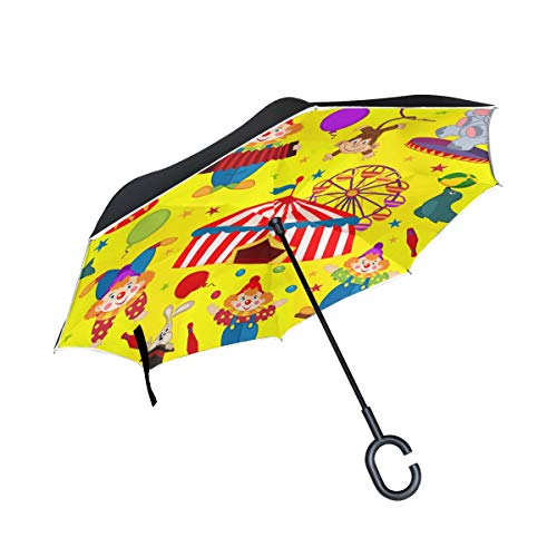 Mágico Payaso Feliz Divertido Doble Capa Plegable Protección contra Rayos UV Lluvia a Prueba de Viento Coches Rectos Golf Inverso Paragüero invertido Soporte con Forma de C Mango