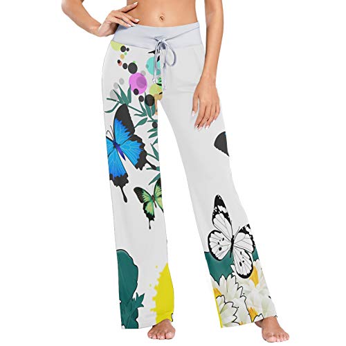 Mariposa Loto Bambú Estilo Chino Imprimir Mujeres Pantalones de Pijama Ropa de Dormir Palazzo Suelto Pantalones de Yoga con cordón Informal-L