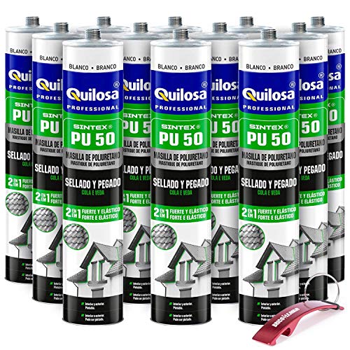 Masilla de Poliuretano Quilosa Sintex PU-50 - Caja 12 (Botes 300ml) Unidades Edición Especial con Llavero Rojo Bricolemar de Regalo! (Blanca)