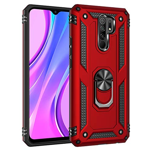 Max Power Digital Funda para móvil Xiaomi Redmi 9 con Anillo Giratorio 360 Metálico Carcasa Rígida Antigolpes Resistente Magnética Imán Ideal para Selfies y Salpicadero Coche (Xiaomi Redmi 9, Rojo)