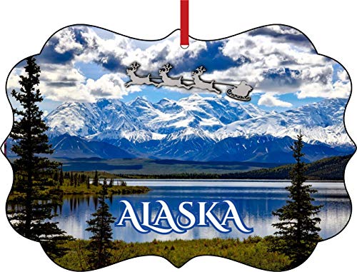 Mesllings Santa Klaus y trineo montando sobre las montañas de Denali Alaska de doble cara elegante de aluminio brillante adorno de árbol de Navidad decoración única y moderna