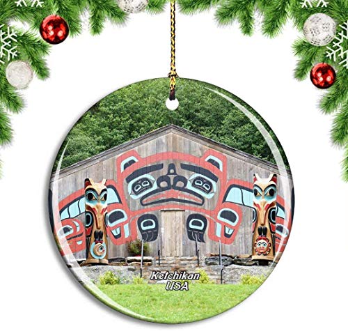 Mesllings USA America Ketchikan Saxman Native Village Alaska Adorno para árbol de Navidad Decoración colgante Decoración de Viaje Ciudad Recuerdo Colección de Porcelana de Doble Cara 7.6 cm