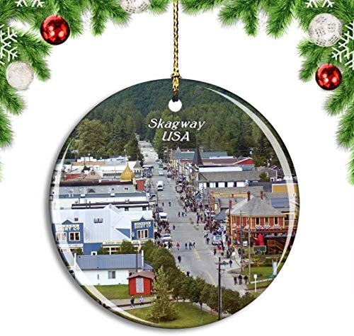 Mesllings USA America Skagway Alaska Adorno de árbol de Navidad para decoración colgante colgante decoración de viaje ciudad colección recuerdo de porcelana de doble cara 7.6 cm