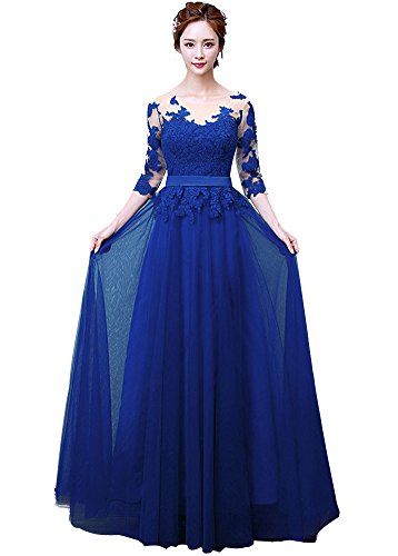 Minetom Vestido De Novia Cuello Redondo Mujer Encaje Hombro Longitud del Boda Larga Elegante Manga 3/4 Vintage Coctel Largo Dama De Honor Wedding Dress Azul ES 44