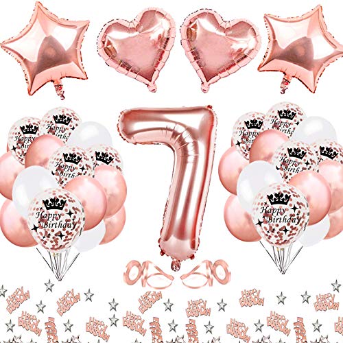 MMTX Decoracion Cumpleaños 7 Año Niña Oro Rosa Primer Cumpleaños Niña Globos De Cumpleaños 7 Año Confeti De Feliz Cumpleaños Con Globo De Lámina De Corazón De Estrella Para 17 27 37 47 70 77