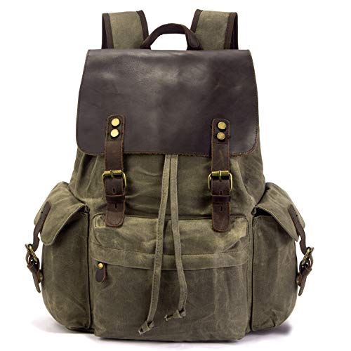 Mochila Vintage de Lona de Cuero Genuina para Hombre y Mujer, Mochila Casual de Viaje Impermeable para Estudiante, Bolsa de Escuela para Portatil de 15.6 Pulgadas (Verde Militar)