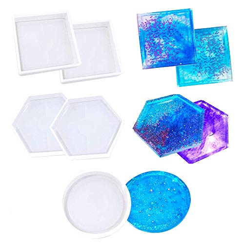 Molde Resina Posavasos, KANOSON 5 Piezas Transparente Moldes de Silicona Incluir Redondo, Cuadrado, Hexágono Molde Resina, Resina Epoxi Moldes Silicona Manualidades para Fabricación Artesanal DIY