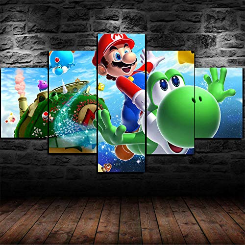 MTRSLH Cuadros Decoracion Salon Modernos 5 Piezas Lienzo Grandes XXL Murales Pared Hogar Pasillo Decor Arte Pared Abstracto Super mario galaxy HD Impresión Foto 150x80cm