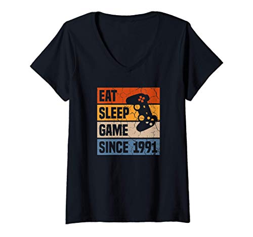 Mujer Eat Sleep Game Since 1991 30º Cumpleaños 30 Años Videojuego Camiseta Cuello V