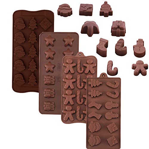 N / A Paquete de 4 moldes de Silicona navideños, Bandejas de Dulces de Chocolate navideñas Moldes de gelatina para Hornear para decoración de Pasteles de Fiesta con Varias Formas temáticas navideñas.