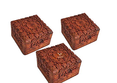 NAAZ WOOD ARTS Caja de almacenamiento de madera de palisandro tallada a mano | Joyero de madera hecho a mano para mujer, organizador de joyas talladas a mano artículos de regalo (10 x 10 cm) Set de 3