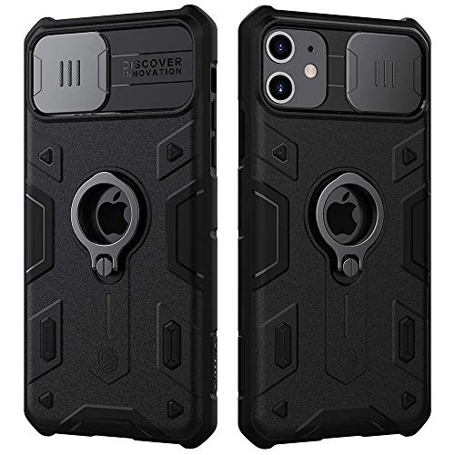 NILLKIN Funda iPhone 11, Funda con Tapa deslizable para cámara, PC y TPU Funda Protectora Parachoques Resistente a Impactos con Soporte de Anillo para iPhone 11 6.1 Pulgadas 2019-Negro