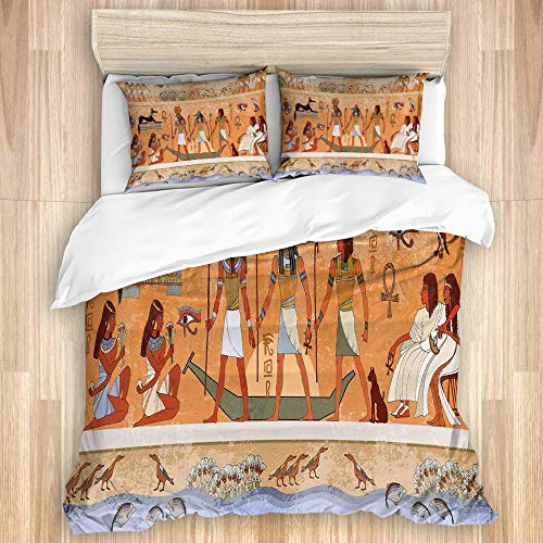 NOLOVVHA Juego de Ropa de Cama con Funda de edredón, Escena Antigua Faraón Figura Edificio jeroglífico Nefertiti Civilization Theme,con 2 Fundas de Almohada,240x260