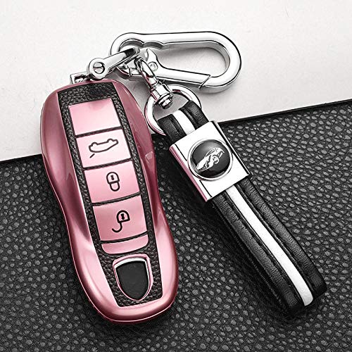 ontto Funda para llave de coche compatible con Porsche Macan Panamera 918 911 981 991 Boxster Cayenne Cayman mando a distancia Cover TPU cuero llavero llavero funda protectora rosa