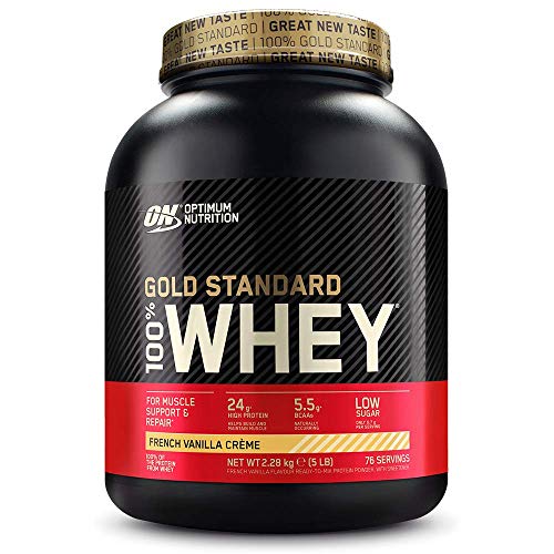 Optimum Nutrition ON Gold Standard 100% Whey Proteína en Polvo, Glutamina y Aminoácidos Naturales, BCAA, Crema de Vainilla Francesa, 76 Porciones, 2.28kg, Embalaje Puede Variar